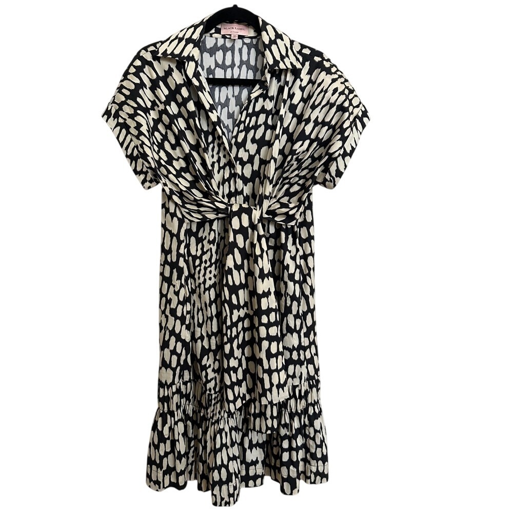 BLACK LABEL BY CHICO'S Front Tie Shirt Dress Black White Print Medium 570348021